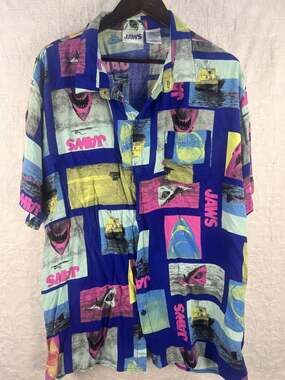 Jaws Hawaiian Camp Shirt Rayon Shark Movie Pop Art Blue XXL